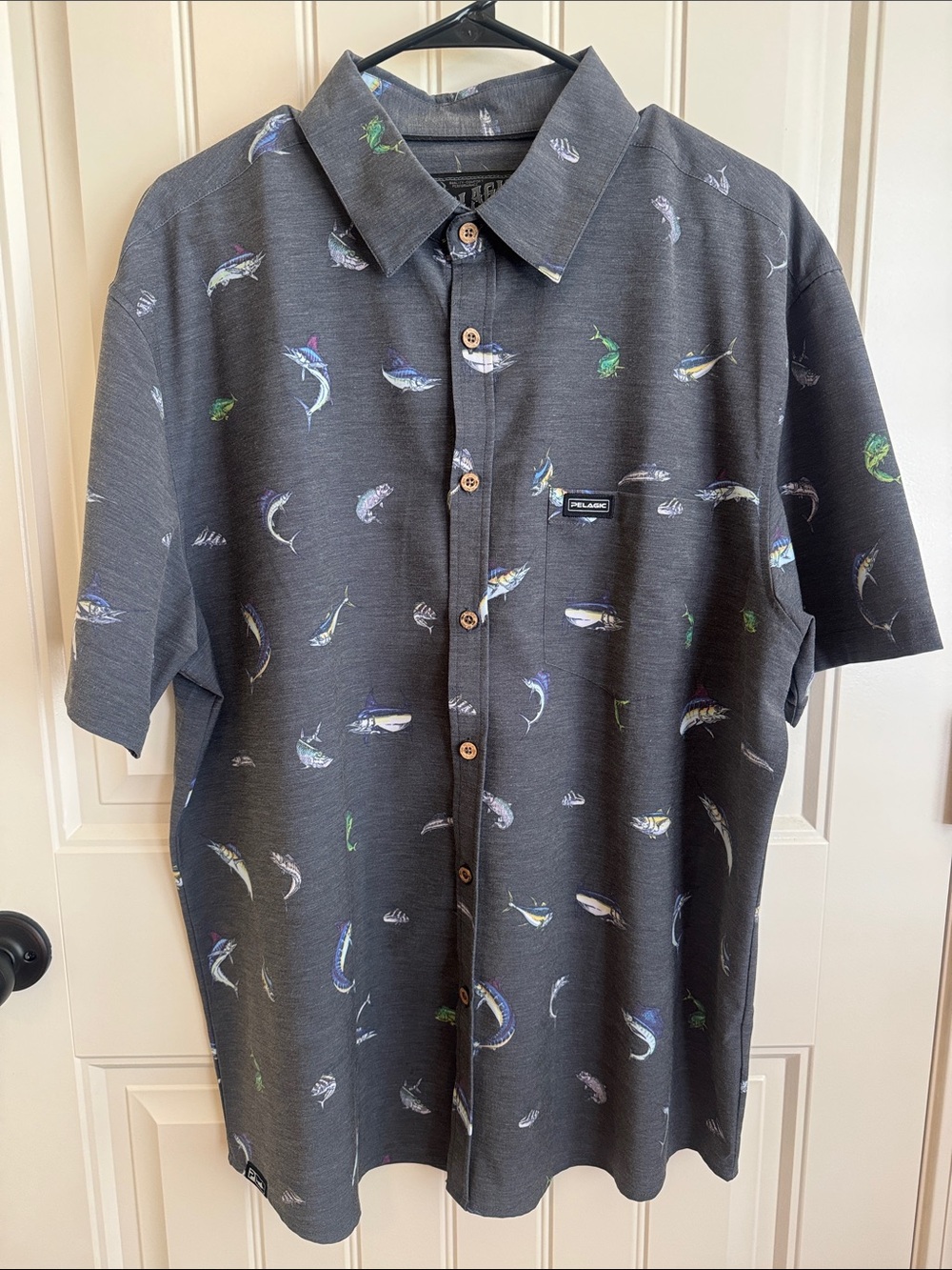 Pelagic Short-Sleeve Button-Down Shirt with Multicolor Fish Print